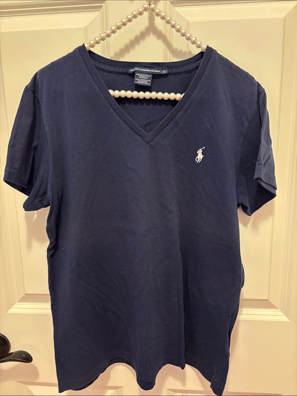 Vintage Ralph Lauren Navy V-Neck Short Sleeve Polo with White Pony large